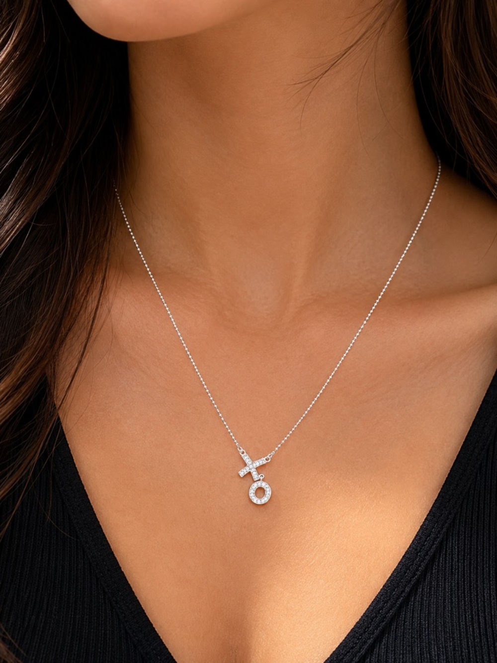 925 Sterling Silver XO Necklace | Pavé Crystal Love Pendant | 16” + 2” Extender